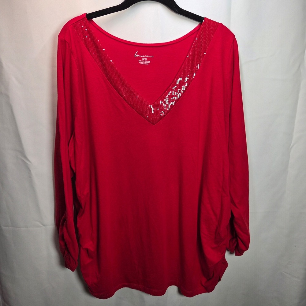 Lane Bryant Red V Neck Sequin Long Sleeve Ruched Side Blouse 22/24 Glam